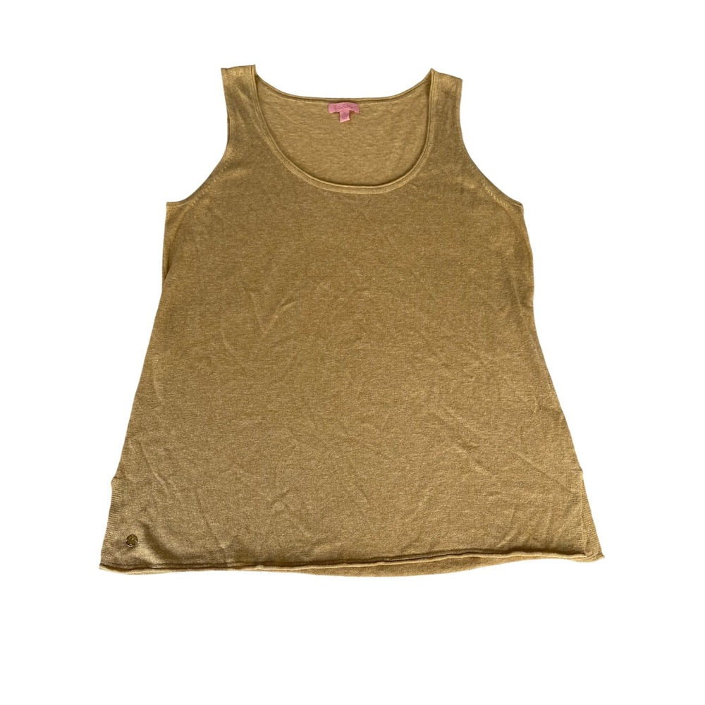 Lilly Pulitzer Gold Metallic Knit Tank Top XL Cotton Linen Blend Scoop Neck